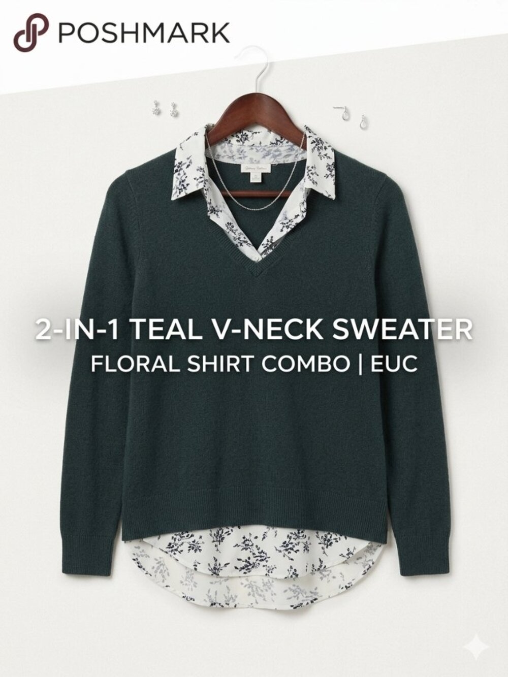 2-in-1 Green V-Neck Knit Sweater